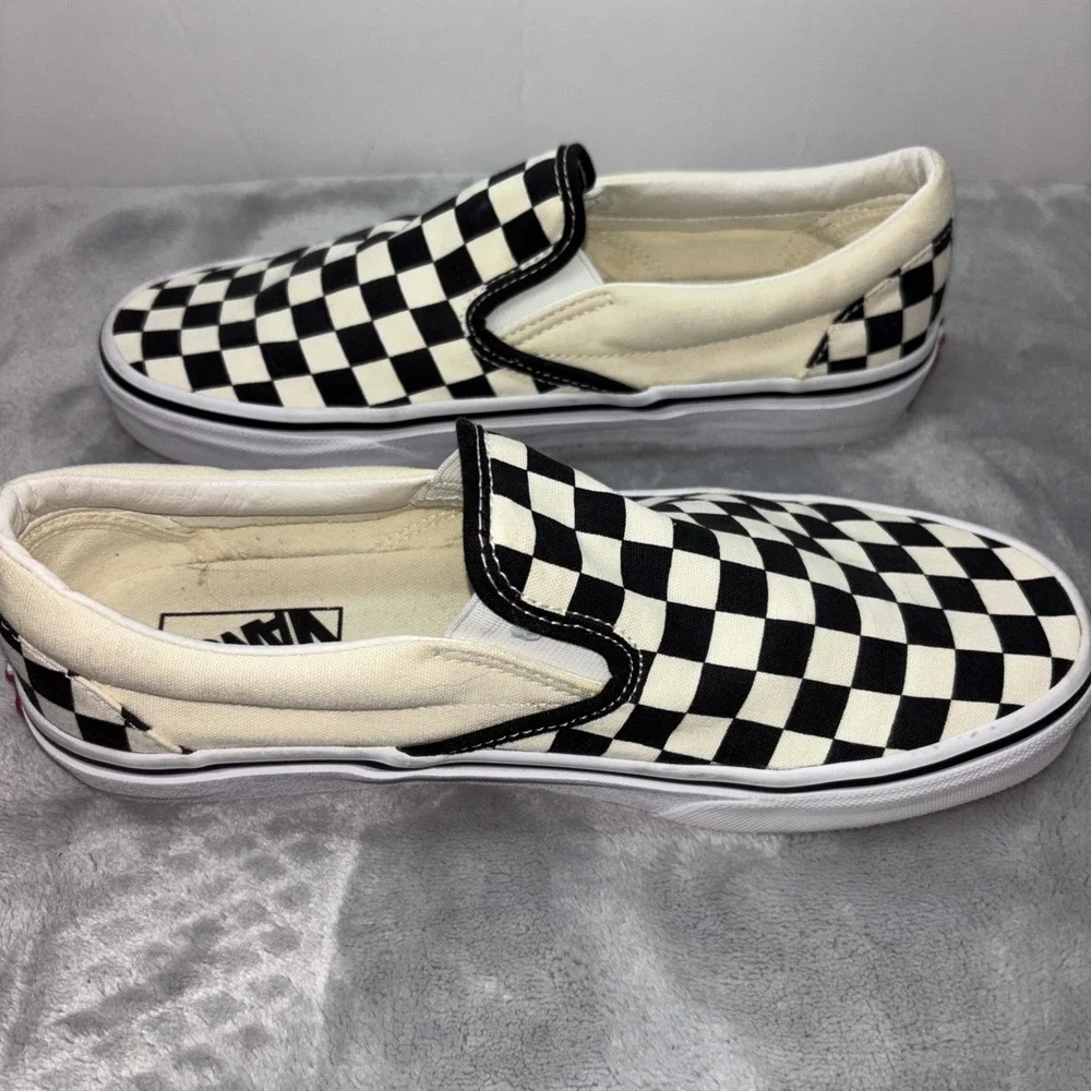 Off the Wall Black and Cream Checkered Canvas Slip On  Men 7.5